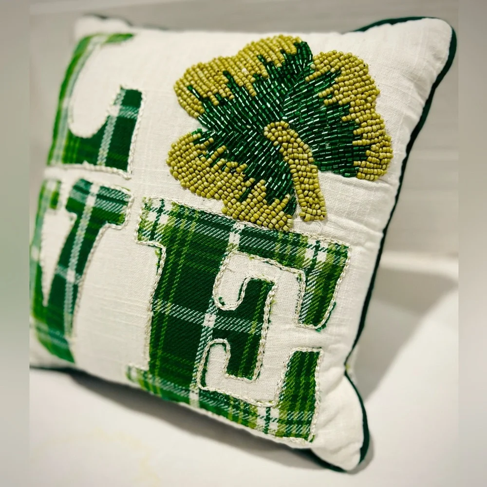 Sparkling Beaded Shamrock Plaid St Patrick’s Day Irish Lucky Lane Throw Pillow